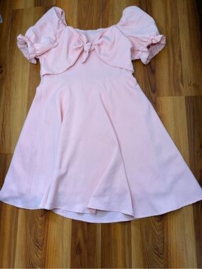 Girls' Light Pink Knot-Front Puff Sleeve Casual Dress